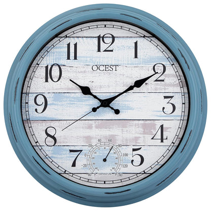 16 Inch Waterproof Indoor Outdoor Wall Clock with Thermometer | Silent non-ticking battery movement, large easy-read blue dial for patio, pool, porch, garden, garage, and home decor