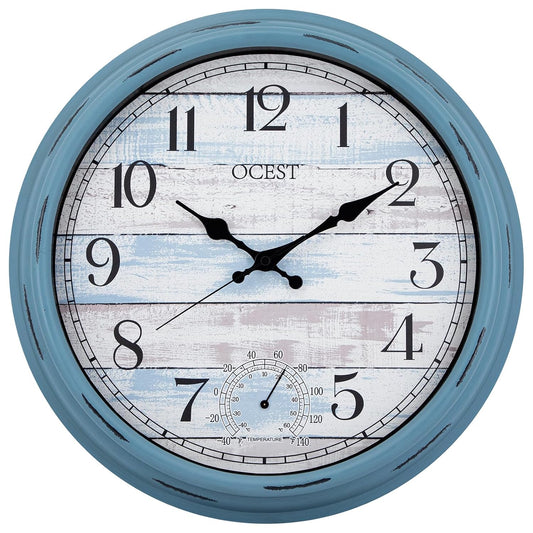 16 Inch Waterproof Indoor Outdoor Wall Clock with Thermometer | Silent non-ticking battery movement, large easy-read blue dial for patio, pool, porch, garden, garage, and home decor