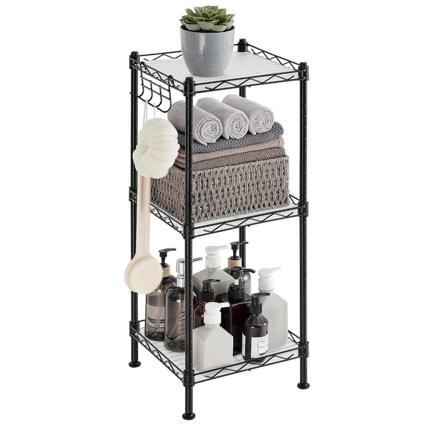 SONGMICS Storage Shelf, Bathroom Shelf for Small Space, 3 Tier, Ink Black | Storage rack with 3 PP shelf liners, removable hook, extendable design, Translucent, ULGR103B01