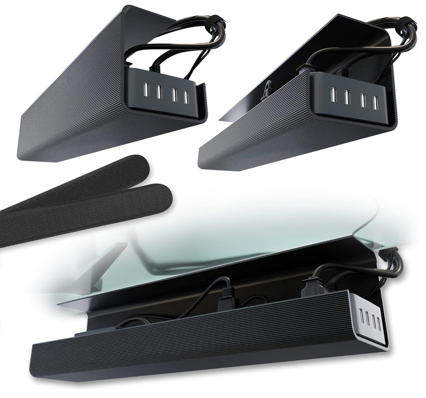 No-Screw Under Desk Cable Management Tray - Self-Adhesive Installation, Cord Management, Cable Tray, Under Desk Wire Organizer - Black Set of 2