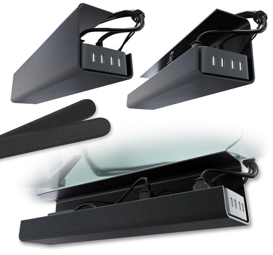 No-Screw Under Desk Cable Management Tray - Self-Adhesive Installation, Cord Management, Cable Tray, Under Desk Wire Organizer - Black Set of 2