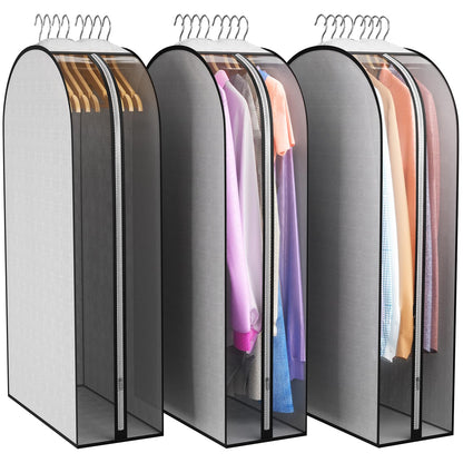 Liuoud 10" Gusseted Garment Bags for Hanging Clothes 40" Suit Bags for Open Closet Storage, Side Clear Clothing Cover for Coat, Dress, Jacket, Shirt, Fur Wardrobe Protector, 3 Packs, Grey