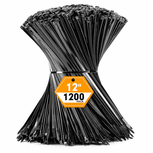 1200pcs Black Cable Zip Ties 12 Inch, Heavy Duty Plastic Nylon Tie Wraps with 50lb Tensile Strength for Indoor & Outdoor