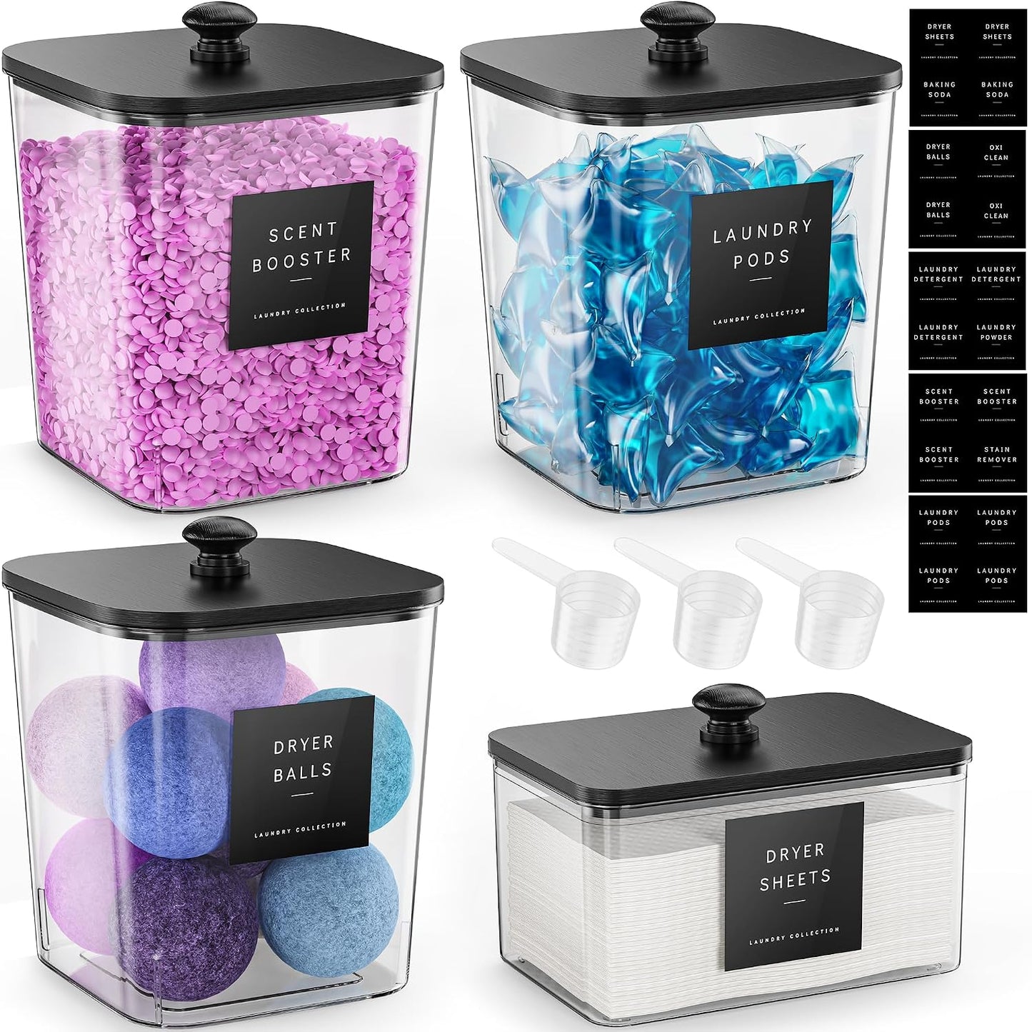 4 Pack Laundry Pods Container, Clear Laundry Room Organization Containers Essentials, Large Detergent Powder Storage Containers Black Wooden Lids & Labels Signs, Home Acrylic Laundry Pods Holder