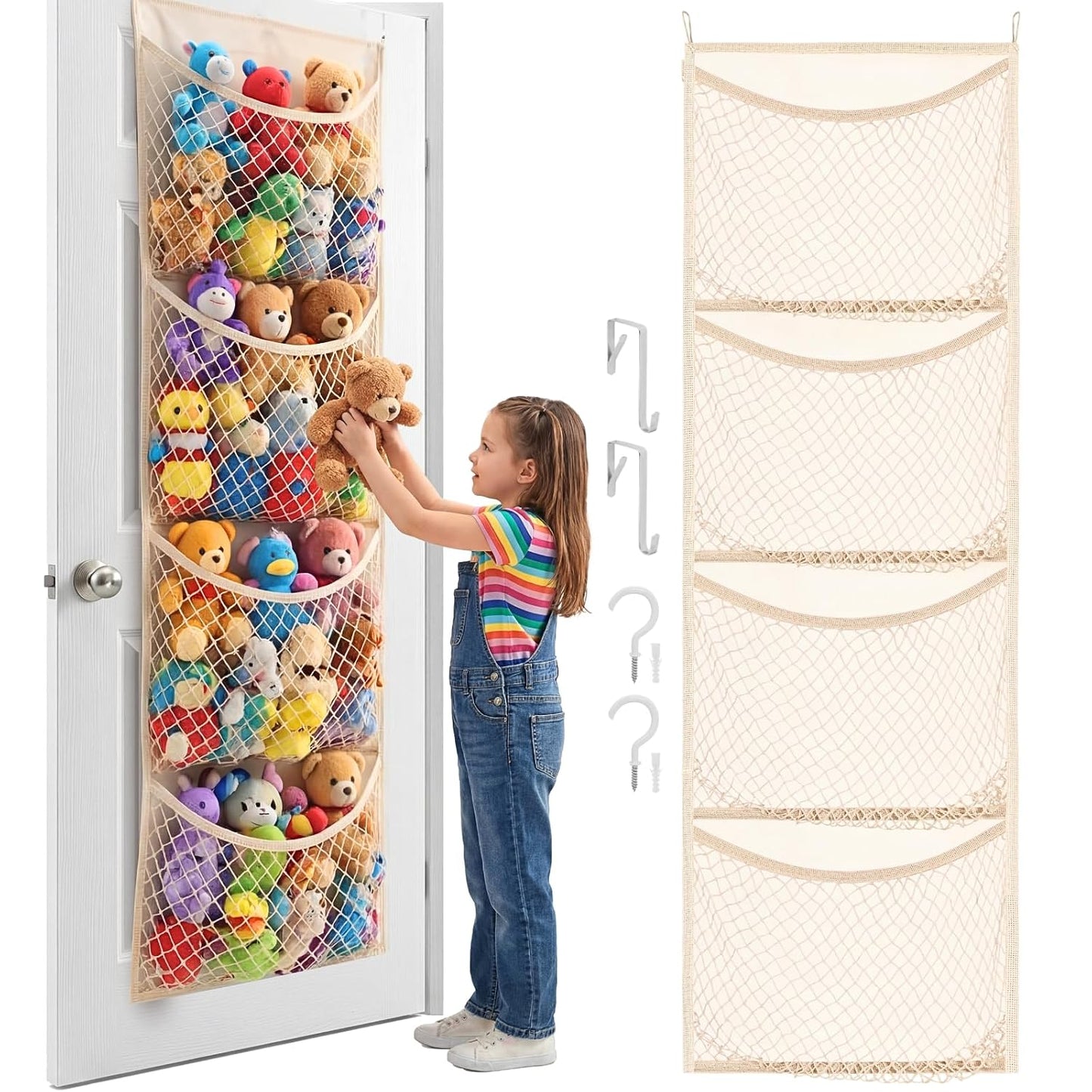 Cotton Over The Door Stuffed Animal Storage | Toy Organizer for Storage Plush Toys, Stuffed Animal Holder with 4 Large Pockets, Hanging Door Organizer for Nursery