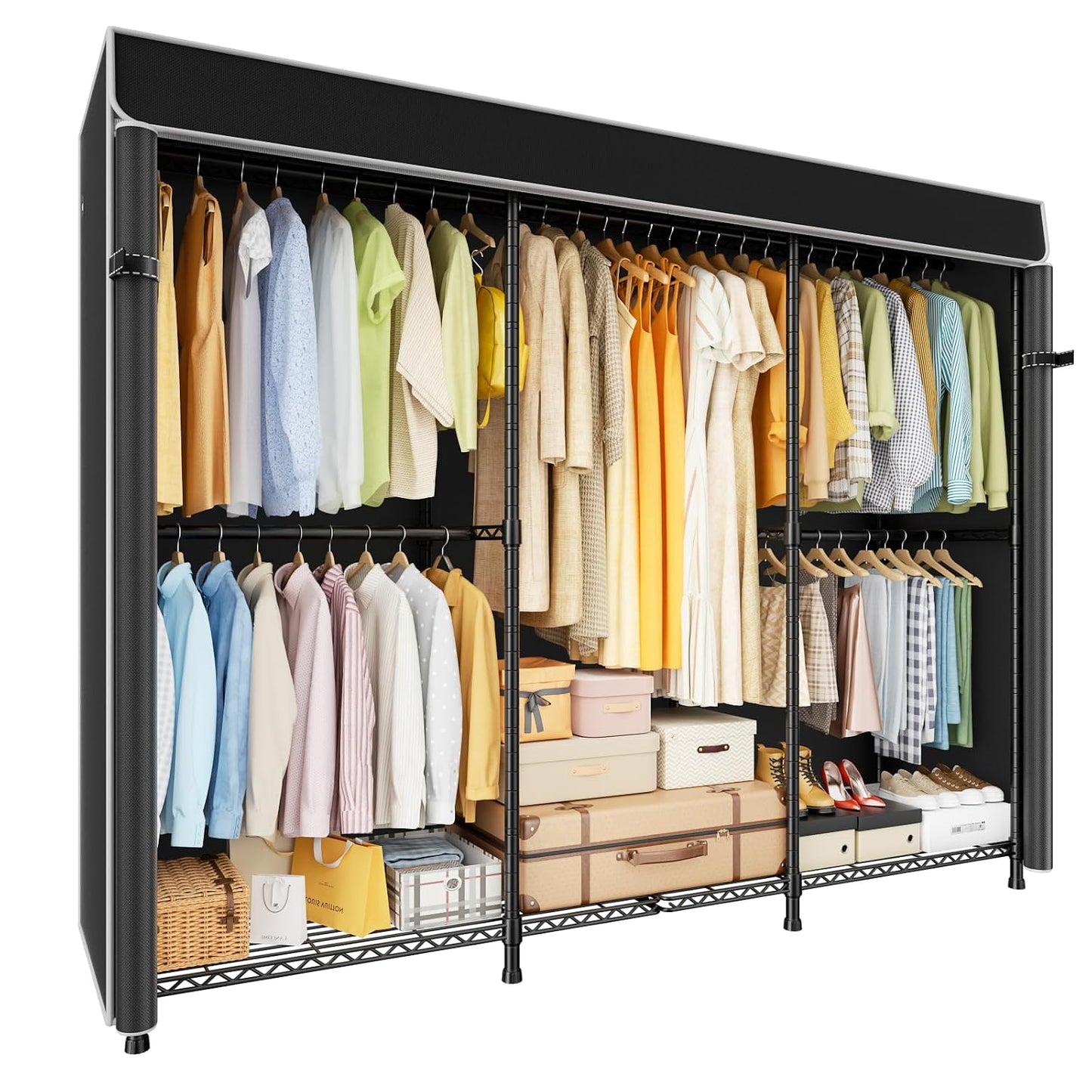 E14C Pro Heavy Duty Closet Organizer System，Freestanding Clothing Racks for Hanging Clothes，Adjustable Garment Rack 69" W × 16" D × 77" H Hold 960 lbs，Black Rack with Black Dustproof Cover