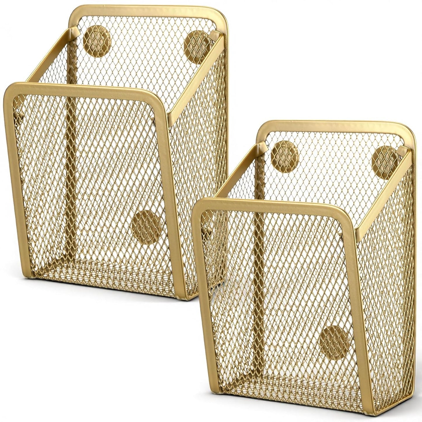 2 Pcs Large Magnetic Pencil Holder Mesh Stainless Steel Pen Basket Magnetic Pen Cups Storage Organizer for Fridge Whiteboard Blackboard Kitchen Refrigerator Locker Home Office School(Gold)