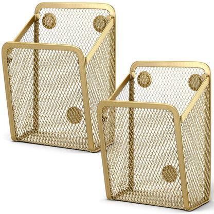2 Pcs Large Magnetic Pencil Holder Mesh Stainless Steel Pen Basket Magnetic Pen Cups Storage Organizer for Fridge Whiteboard Blackboard Kitchen Refrigerator Locker Home Office School(Gold)