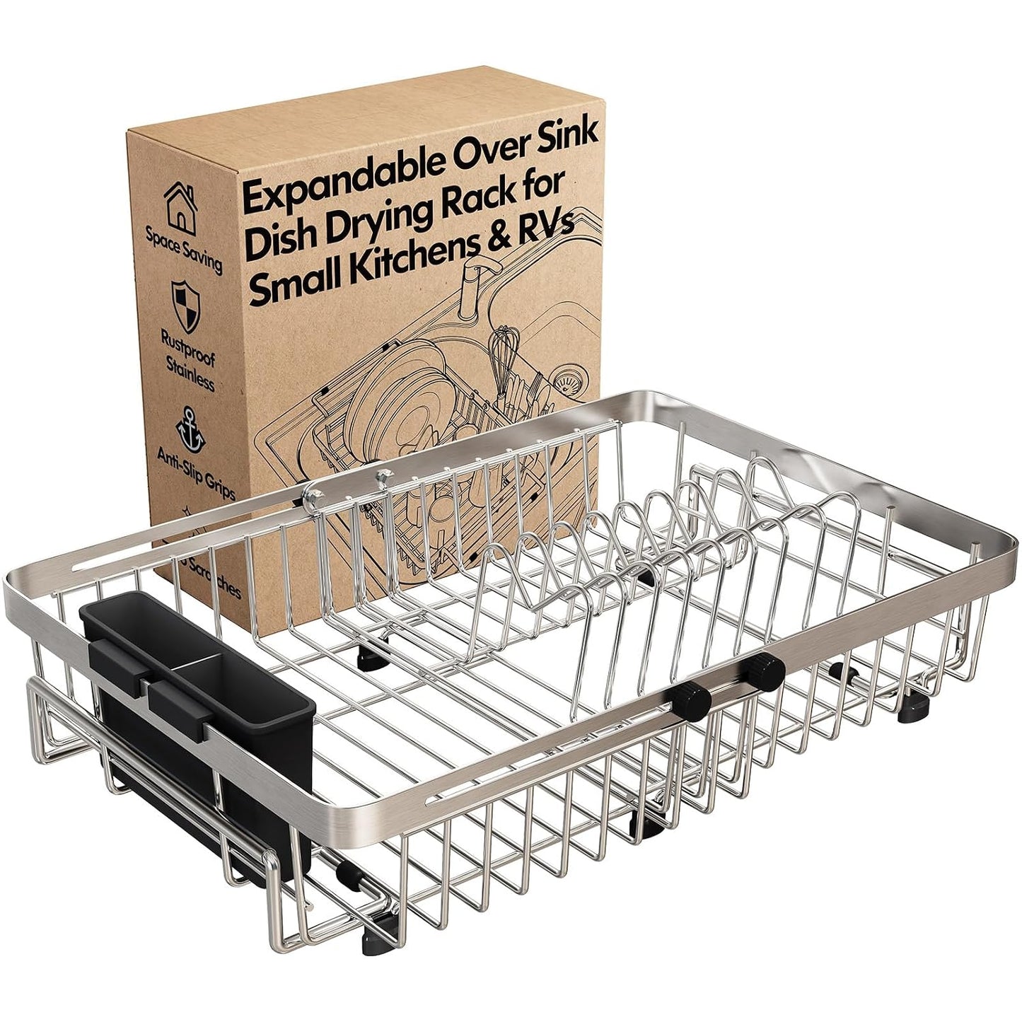 Dish Drying Rack Over The Sink with Utensil Holder | Expandable Stainless Steel Dish Drainer for Small Kitchen, Apartment, RV, Counter Space Saving, Perfect Fit, Rustproof