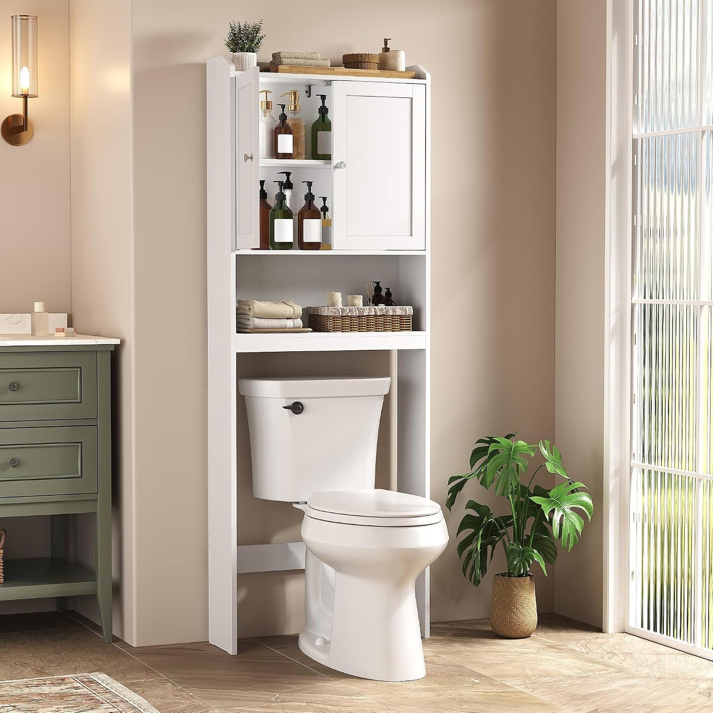 VASAGLE Over the Toilet Storage Cabinet, Adjustable Shelves, Space-Saving | Bathroom storage cabinet with doors, Modern, Cloud White, 7.9 x 24.6 x 66.9 Inches, UBTS008WH01S