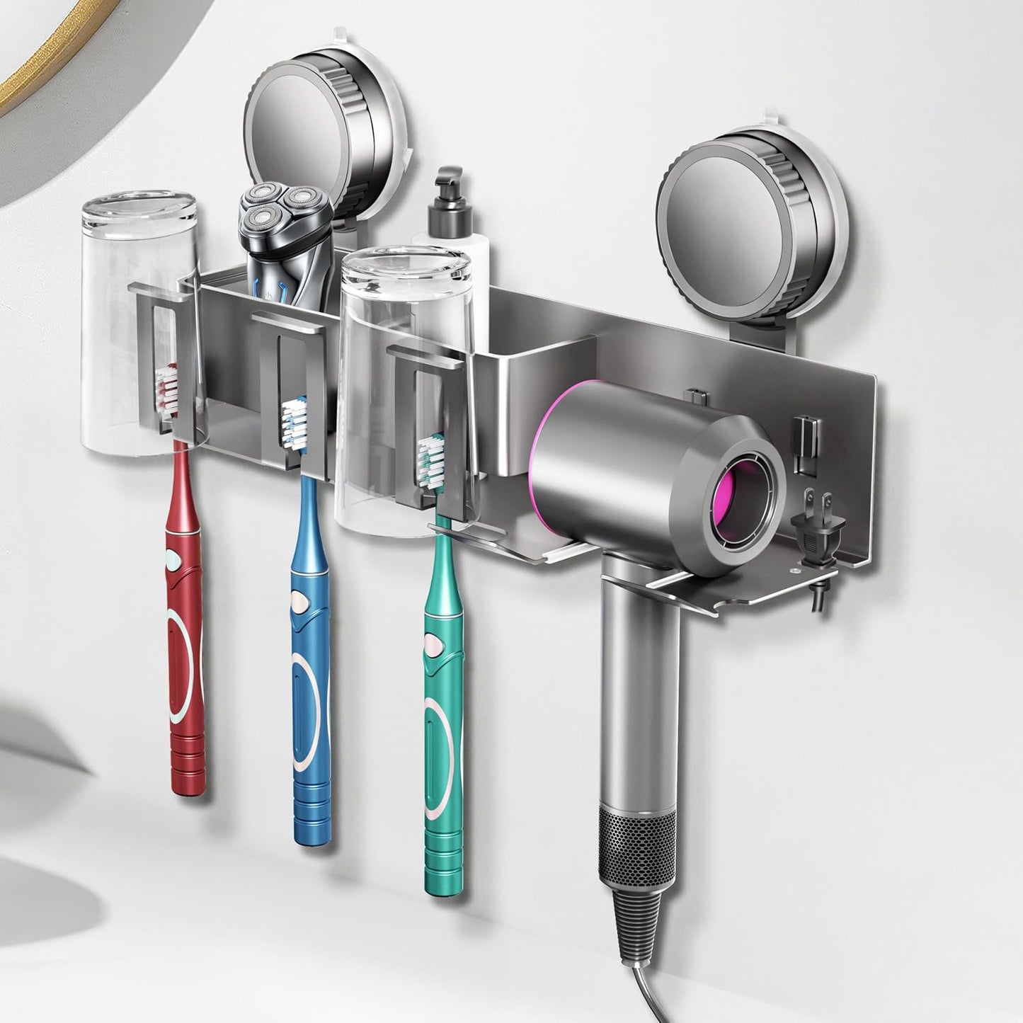 Detachable Wall Electric Toothbrush Holders, Bathroom Organizers and Storage, 3 Cups Holders Accessories Storage Decor, Hair Dryer Holder, Powerful Upgraded Sticky Suction Cup, All-Aluminum Material