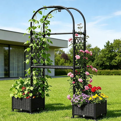 71"x16"x32" Planter Box with Trellis, 3-in-1 Self-Watering Planter Box with Wheels for Patio,Raised Garden Bed with Trellis, Drainage Holes & Metal Storage Rack for Vine Climbing Plants