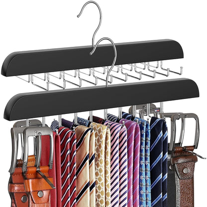 Upgraded Tie Rack Hanger with 20 Foldable Metal Hooks, Space Saving Necktie Organizer for Men – Large Capacity Tie and Belt Wooden Hanger for Closet - Black 2 Pack