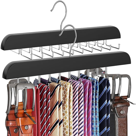 Upgraded Tie Rack Hanger with 20 Foldable Metal Ho... (2 Count | Black | Wood)