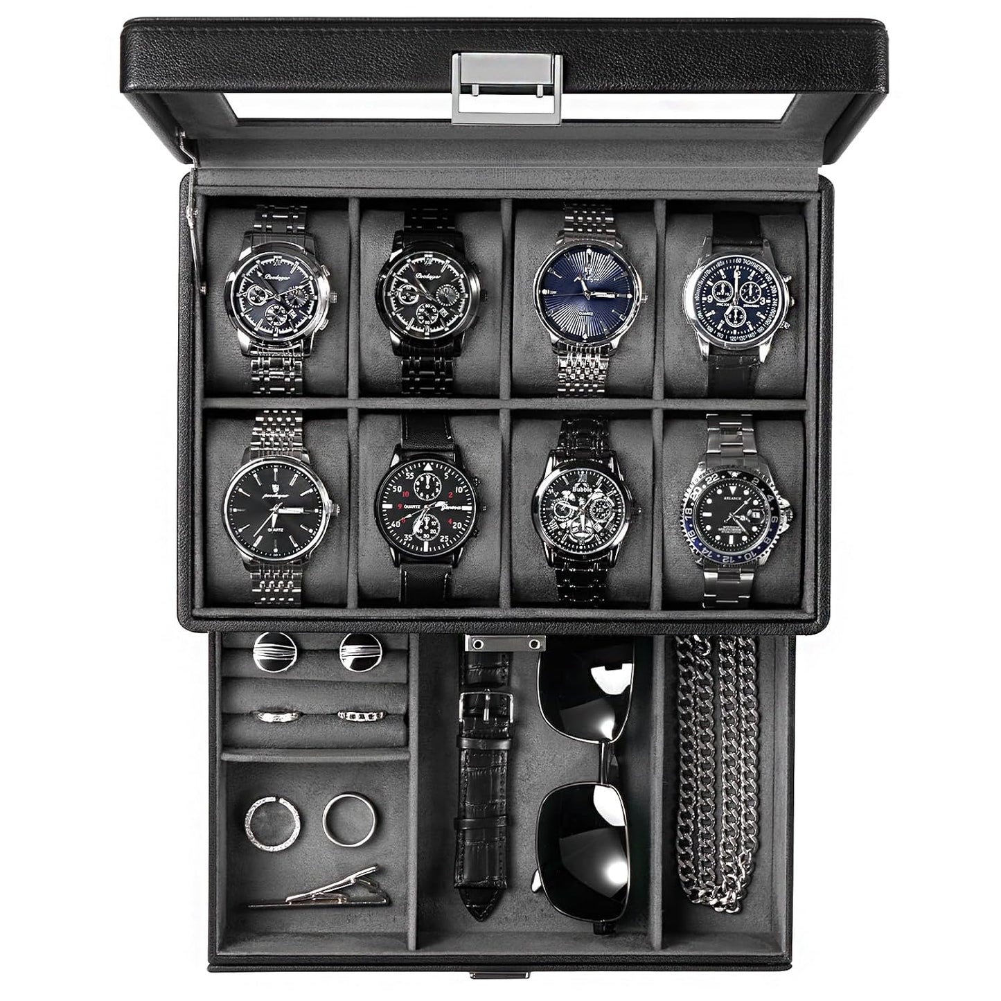 ProCase Premium Watch Box for Men, Jewelry Organizer Box with Drawer, Display Storage Case with Glass Lid -Black, 8 Slot