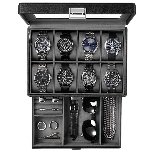 ProCase Premium Watch Box for Men, Jewelry Organizer Box with Drawer, Display Storage Case with Glass Lid -Black, 8 Slot