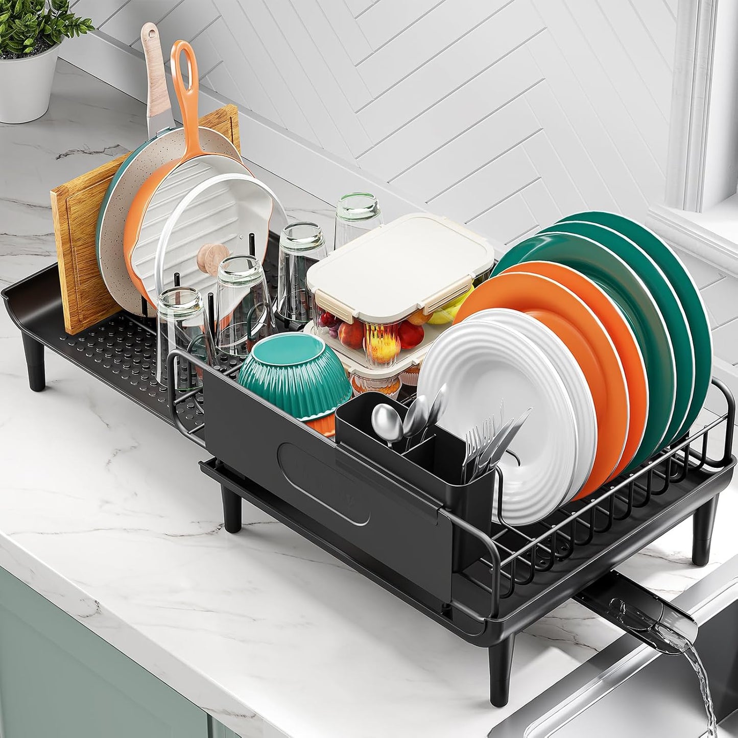 Urackify Expandable Dish Drying Rack with Drainboard for Kitchen Counter | Expands from 16.9 to 26.6 inches to fit more dishes, plates with fast drainage and flexible placement for any sink