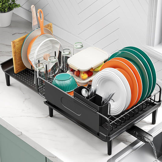 Urackify Expandable Dish Drying Rack with Drainboard for Kitchen Counter | Expands from 16.9 to 26.6 inches to fit more dishes, plates with fast drainage and flexible placement for any sink