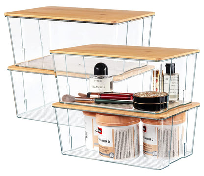 Hudgan 4 Pack Clear Plastic Storage Bins with Bamboo Lids, Stackable Storage Containers for Organizing Medicine Cabinet Organizer, Craft Room, Bread Box