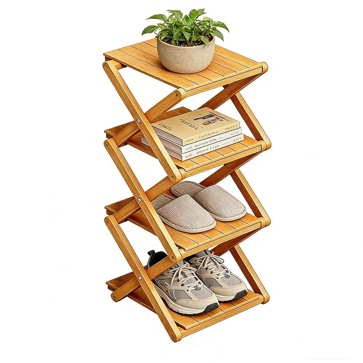 Bamboo Shoe Rack - No Assembly Required, Tall Narrow Foldable Shoe Organizer, Space-Saving Multifunctional Shelf for Entryways, Corners, Bedrooms, Balconies, 4 Layer(Reinforced and Thickened)