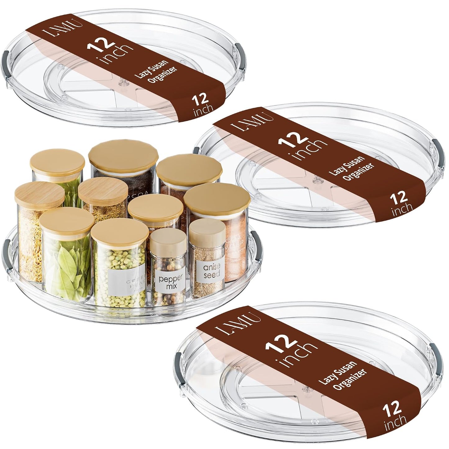 LAMU 12 in Lazy Susan Turntable, 4 Pack Clear Spice Rack, Organizer Storage | 360° Rotating, Kitchen Storage Tray for Cabinet & Table Top, Pantry, Fridge, Bathroom, Medicine & Countertop