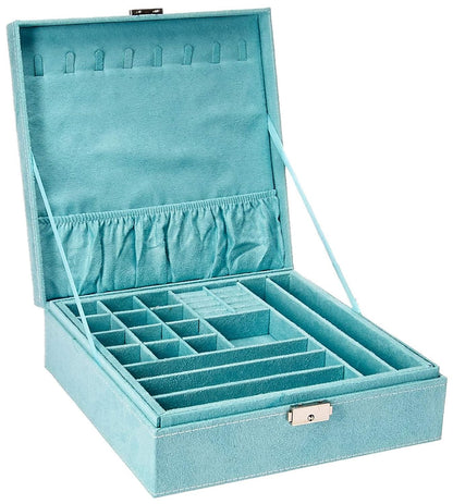 Two-Layer lint Jewelry Box Organizer Display Storage case with Lock (Blue)