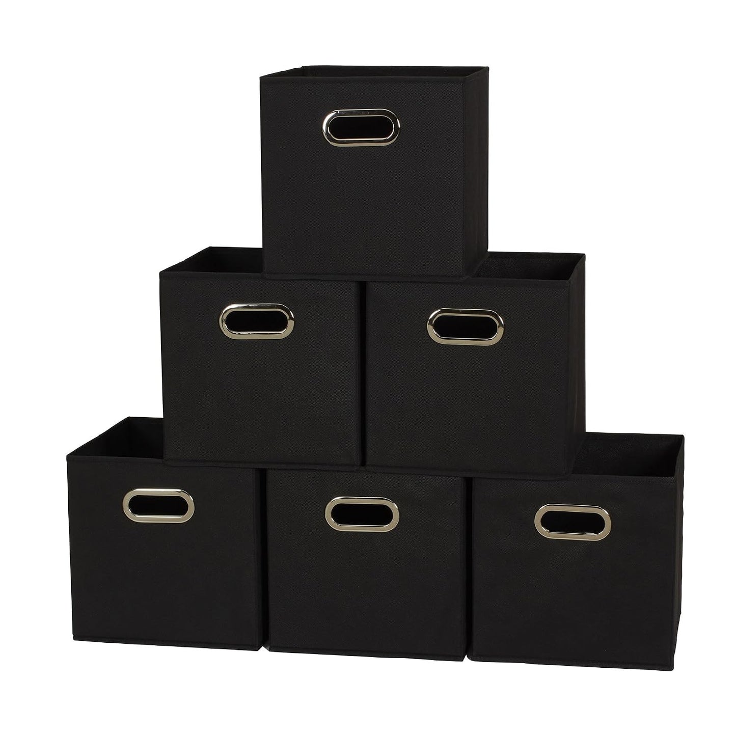 Household Essentials Foldable Fabric Storage Bins 6 Piece Set, Strong Poly-Woven Fabric, Sturdy Chipboard Sides, Grommet Front Handle, Stackable, Classic Design, Black