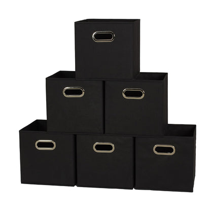 Household Essentials Foldable Fabric Storage Bins 6 Piece Set, Strong Poly-Woven Fabric, Sturdy Chipboard Sides, Grommet Front Handle, Stackable, Classic Design, Black