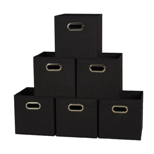 Household Essentials Foldable Fabric Storage Bins 6 Piece Set, Strong Poly-Woven Fabric, Sturdy Chipboard Sides, Grommet Front Handle, Stackable, Classic Design, Black