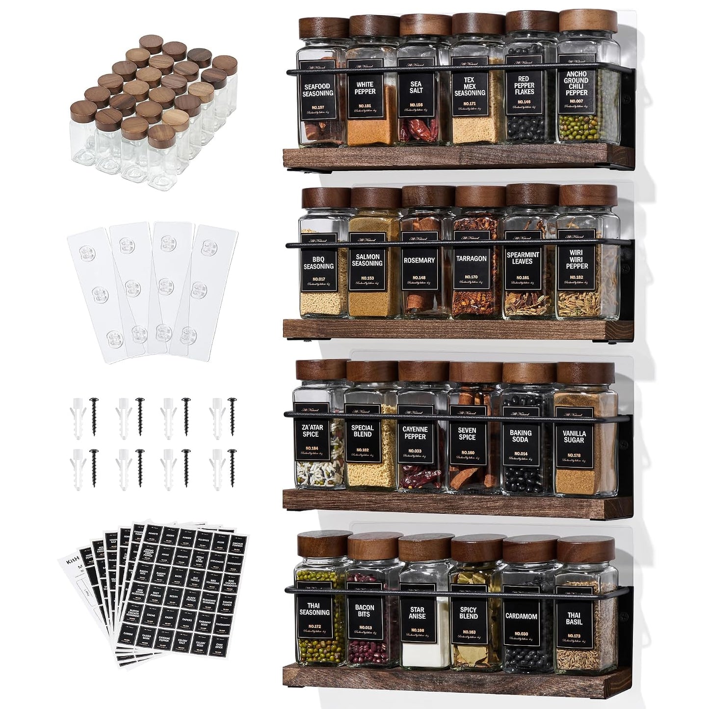 4-Tier Wall Mount Spice Rack Organizer with 24 Glass Jars, 216 Labels & Funnel - Screw/Adhesive Mount, Black Metal & Wood Spice Storage for Kitchen Pantry Cabinet, 11.6”L x 2.4”W x 3.2”H