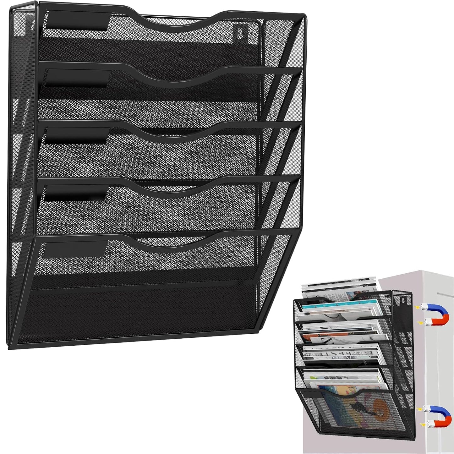 5-Tier Magnetic File Holder, No Drilling Installation File Cabinet Organizer, Black Magnetic File Organizer, Magazine Rack, Magnetic Paper Holder for Refrigerator, File Cabinets, Whiteboard
