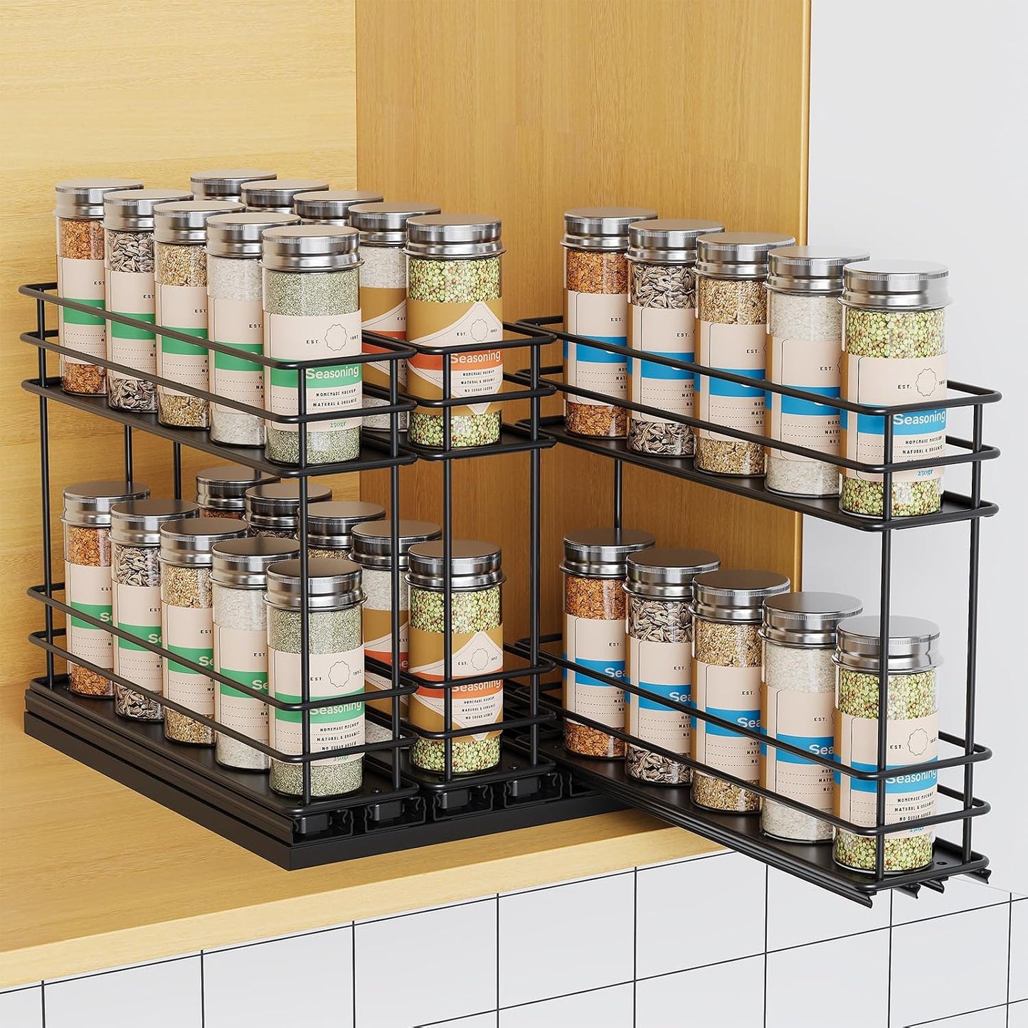 Mystozer Pull Out Spice Rack Organizer for Cabinet, Slide Out Spice Racks, Easy to Install Spice Cabinet Organizers, 7.4" Wx10.43 Dx8.26 H, 3 Drawers 2 Tiers(Black)