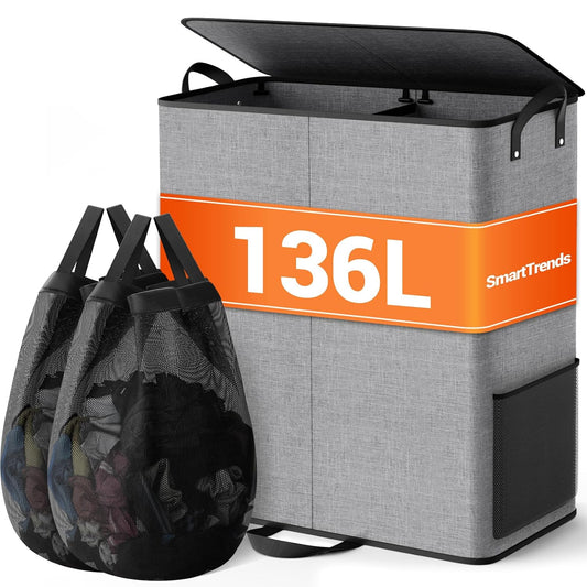 136L 2 Section Laundry Hamper with Lid, Laundry Basket, Gray | Large Laundry Hampers with Reinforced Handles & Removable Bags, Tall Dirty Clothes Hamper for Laundry Room, Bedroom, Bathroom