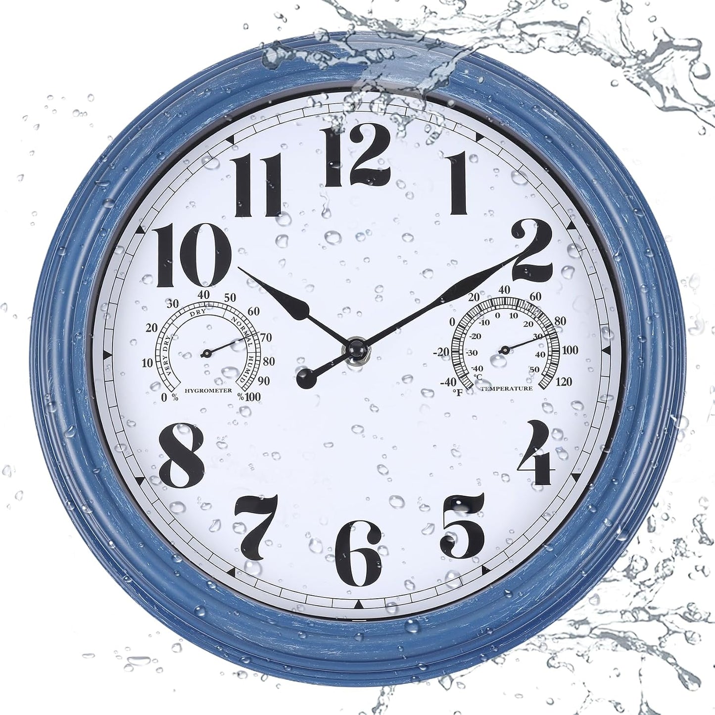 12 inch Outdoor Clock Blue Waterproof Wall Clock with Temperature | Water Resistant Outdoor Clocks for Patio Garden