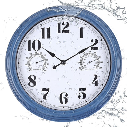 12 inch Outdoor Clock Blue Waterproof Wall Clock with Temperature | Water Resistant Outdoor Clocks for Patio Garden