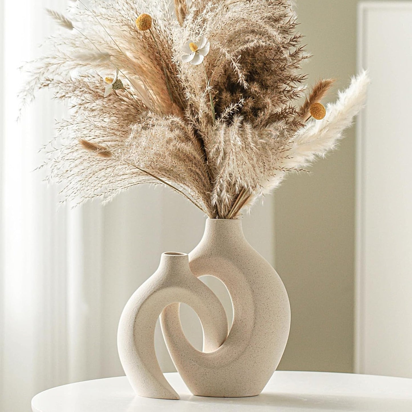 Snuggle Hollow Ceramic Vase Set of 2 Boho Home Table Decor Vase | Modern Nordic Aesthetic Pampas Grass Flower Vases for coffee Centerpiece Living Room Decorative Milky White W6.3" X H8.4"
