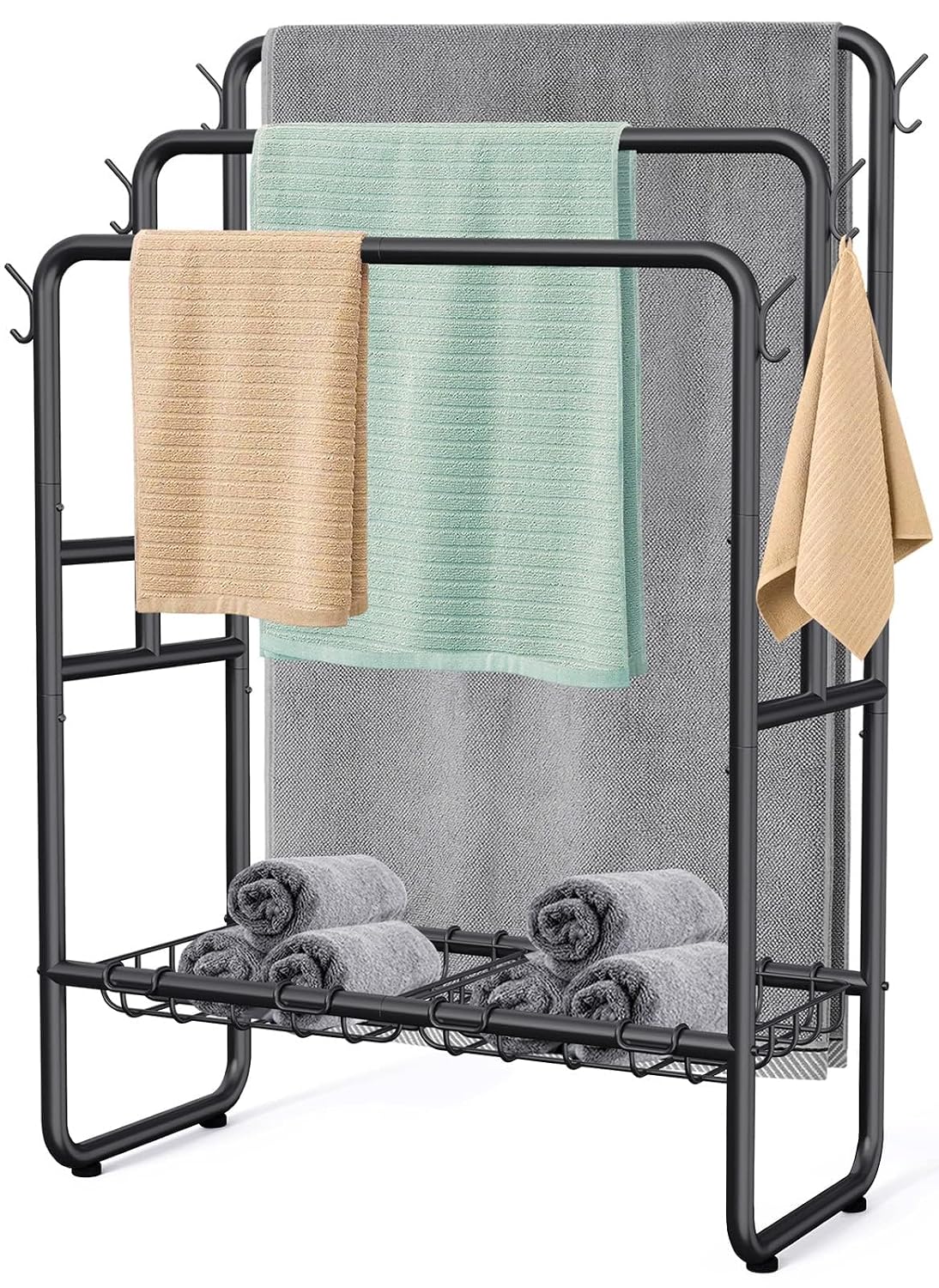 Kayfia 40'' Freestanding 3 Tier Metal Towel Rack, 2 Baskets & 6 Hooks | Dual-Use Drying & Display Rack, Holds Oversized Bath Towels & Blankets, fits Indoor, Bathroom, Bedroom & Outdoor, Black