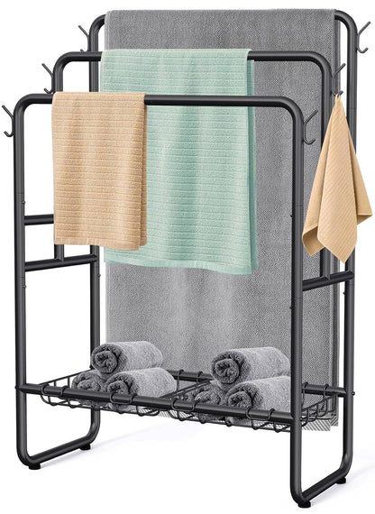 Kayfia 40'' Freestanding 3 Tier Metal Towel Rack, 2 Baskets & 6 Hooks | Dual-Use Drying & Display Rack, Holds Oversized Bath Towels & Blankets, fits Indoor, Bathroom, Bedroom & Outdoor, Black