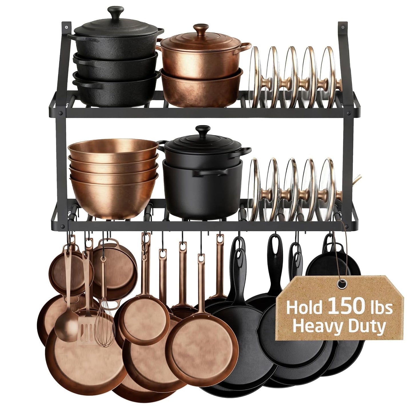 150 lb High-Capacity Pot Rack Wall Mounted with Po... (Black | Iron)
