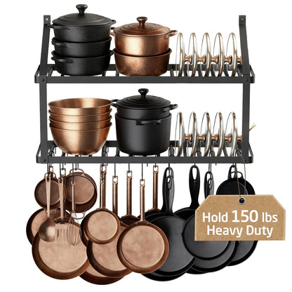 150 lb High-Capacity Pot Rack Wall Mounted with Po... (Black | Iron)