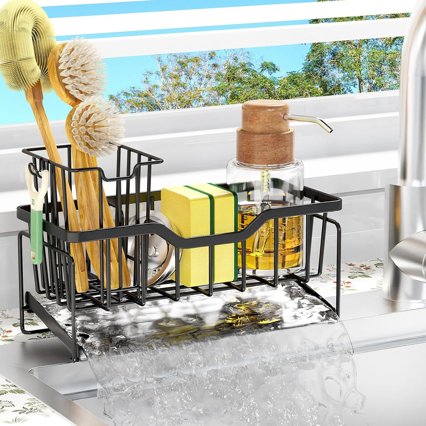 Sponge Holder for Kitchen Sink, Stainless Sink Caddy Organizer | Rustproof Kitchen Sink Organizers with High Brush Holder & Self Drain Tray, Anti-Slip Kitchen Countertop Storage Essentials