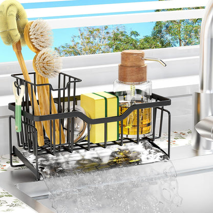 Sponge Holder for Kitchen Sink, Stainless Sink Caddy Organizer | Rustproof Kitchen Sink Organizers with High Brush Holder & Self Drain Tray, Anti-Slip Kitchen Countertop Storage Essentials