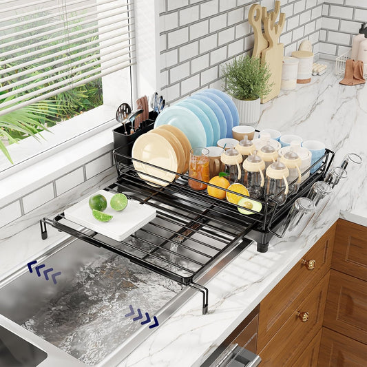 Dish Drying Rack - Expandable Dish Rack for Kitche... (Black | Stainless Steel)
