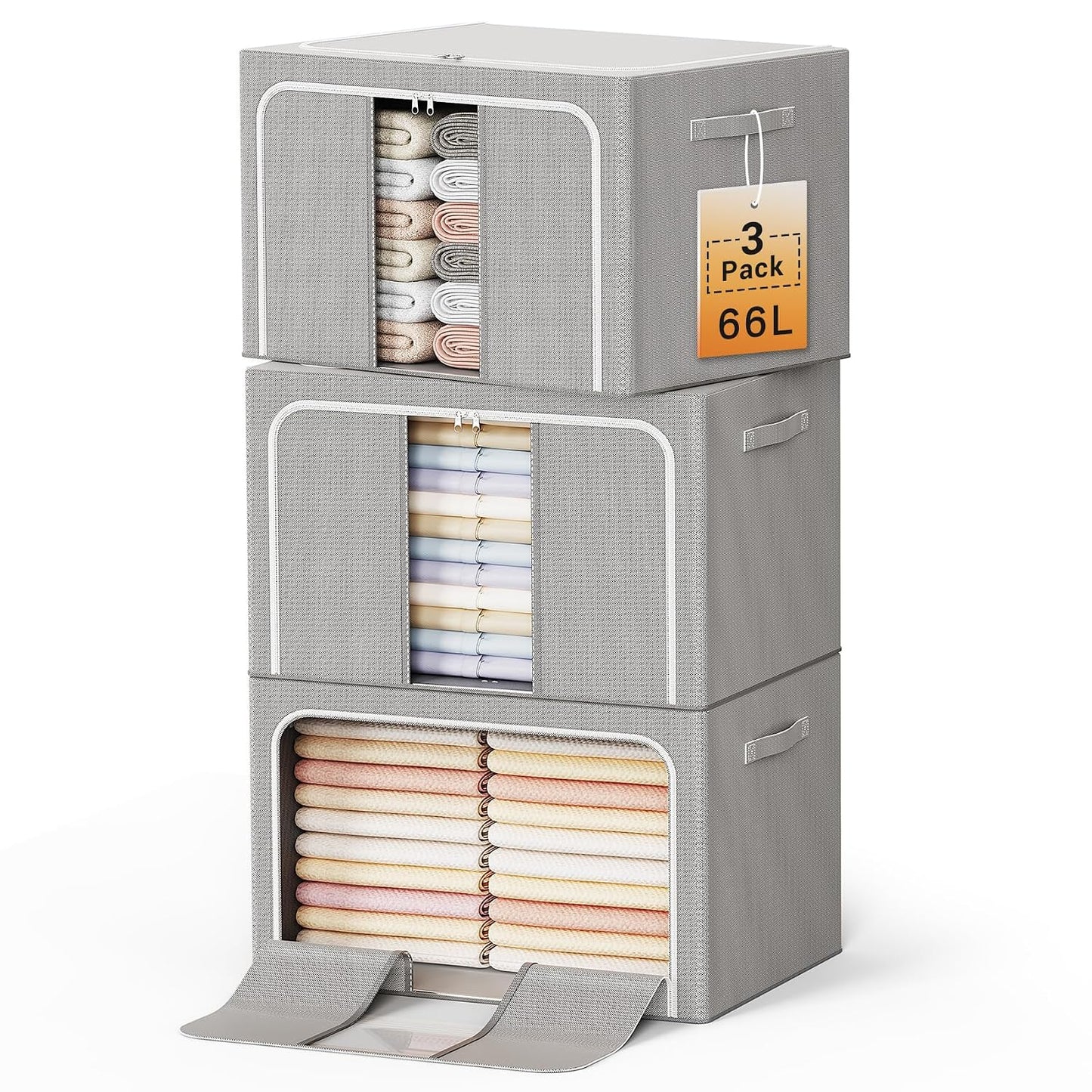 Clothes Storage Bins with Metal Frame Foldable Storage Box Clothes Organizers Storage Containers for Clothes Sheets Blankets Books Toys Gifts and Holiday Decorations (66Lx3 Pack)