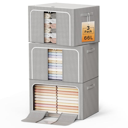 Clothes Storage Bins with Metal Frame Foldable Storage Box Clothes Organizers Storage Containers for Clothes Sheets Blankets Books Toys Gifts and Holiday Decorations (66Lx3 Pack)