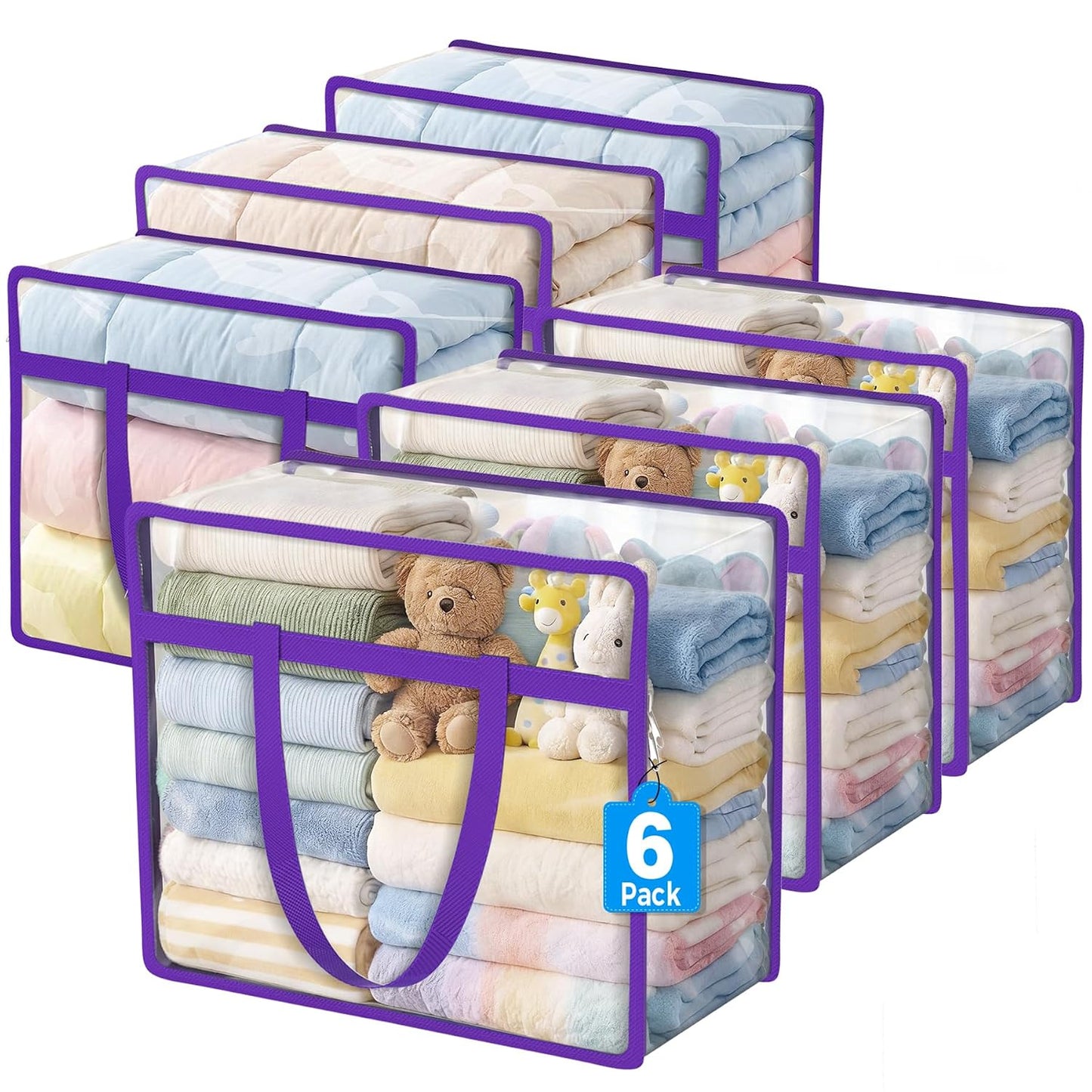 6 Pack Clear Storage Bags for Clothes, 40L Closet Organizers and Storage | Plastic storage with zipper and handle, moving bags, under-bed storage, closet organizer for blankets, comforters, toys