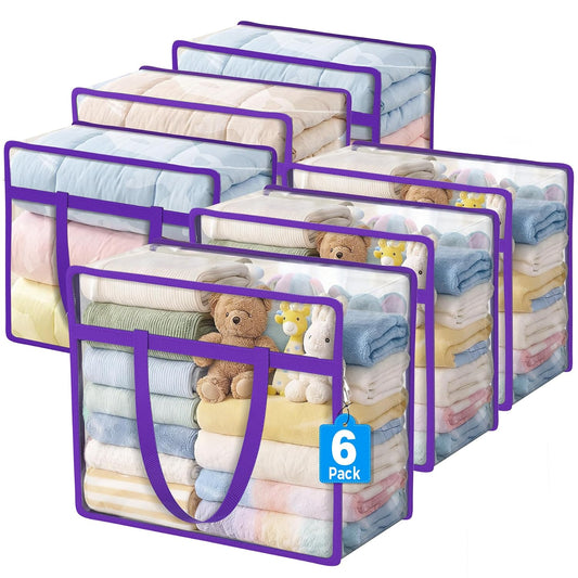 6 Pack Clear Storage Bags for Clothes, 40L Closet Organizers and Storage | Plastic storage with zipper and handle, moving bags, under-bed storage, closet organizer for blankets, comforters, toys