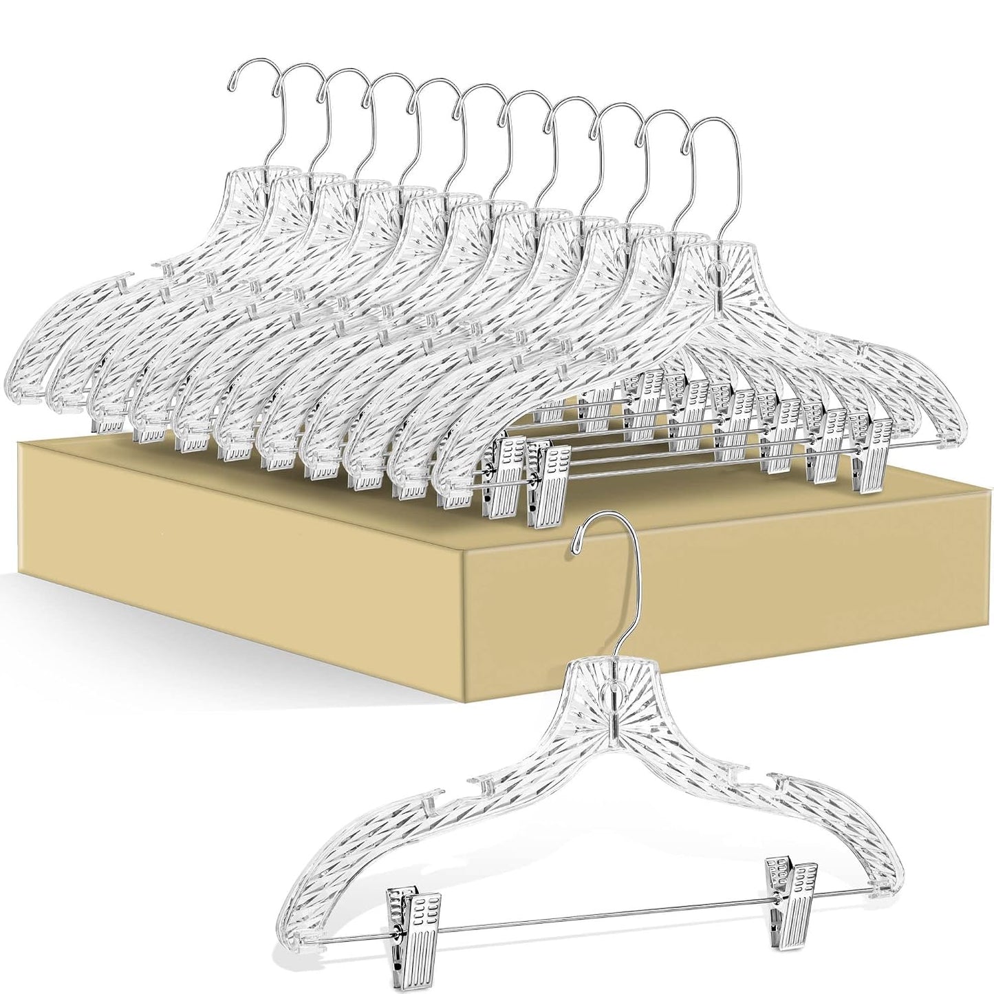 Quality Clear Plastic Skirt Hangers - 12 Pack Crystal Cut for Skirt, Pant, Dress, Suit, Coat Hangers Heavy Duty & Nonslip Design Asujtable Clips, Swival Hook, 17" inch (12, Crystal Skirt)