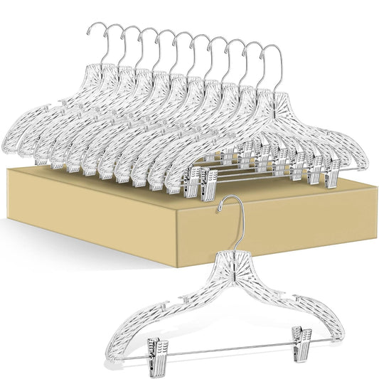 Quality Clear Plastic Skirt Hangers - 12 Pack Crystal Cut for Skirt, Pant, Dress, Suit, Coat Hangers Heavy Duty & Nonslip Design Asujtable Clips, Swival Hook, 17" inch (12, Crystal Skirt)