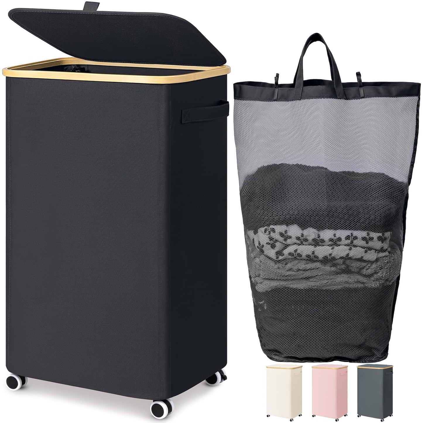 Goodpick 100L Large Rolling Laundry Basket with Wheels and Lid, Black | 17.3" × 13" × 29.5" Collapsible Laundry Hamper for Clothes & Blankets Storage, Removable Wash Bag, Bathroom Organization